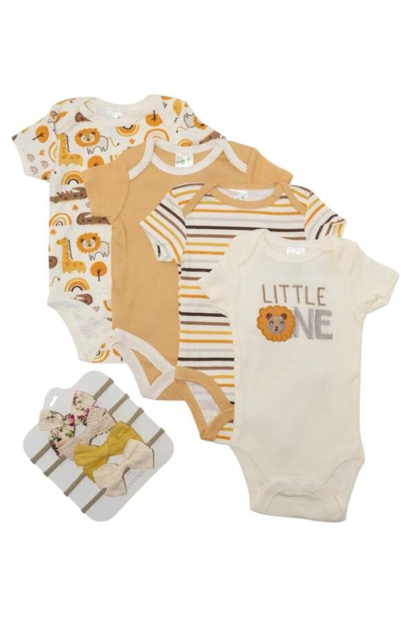 Lion Print Babysuit 4-Piece Set with Headbands