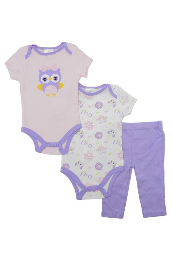 Purple Owl Printed Short Sleeve with Pajama 3-Piece