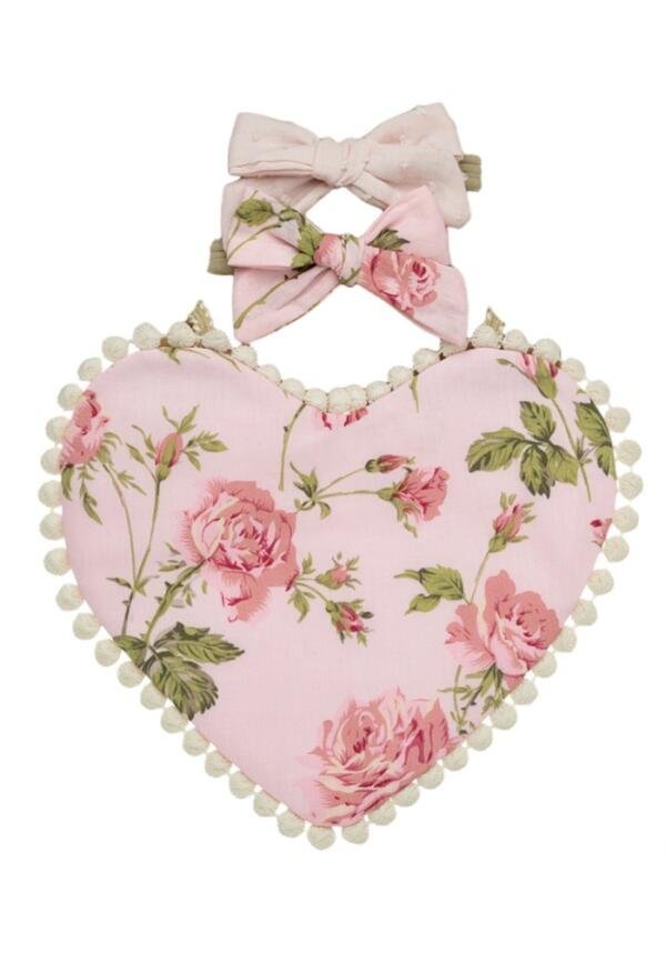Amara Heart Shaped Baby Bib and Ribbon Bow Headband Set