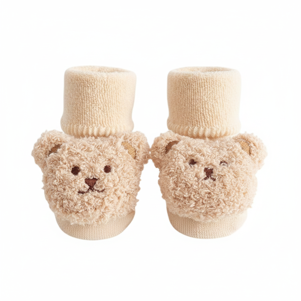 Baby Cute 3D Bear Face Socks for Newborns & Infants, Cream, Dark Brown, Brown, light Brown - 0Y to 3Y