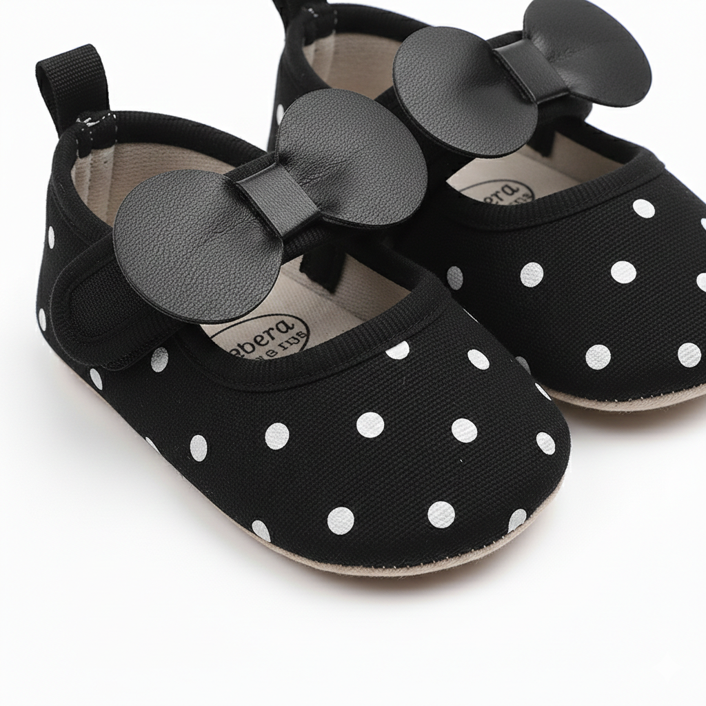 Baby Polka Bow Soft Sole Shoes β Black & Brown β 0 to 18 Months