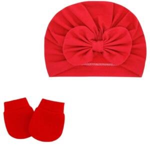 Set of 2 TinyTwist Baby Turban and Mittens Red