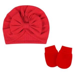 BabyBow Turban Hat and Mittens Red