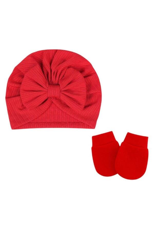 BabyBow Turban Hat and Mittens Red