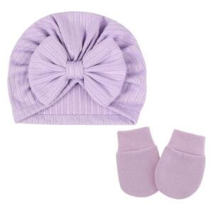 BabyBow Turban Hat and Mittens Purple