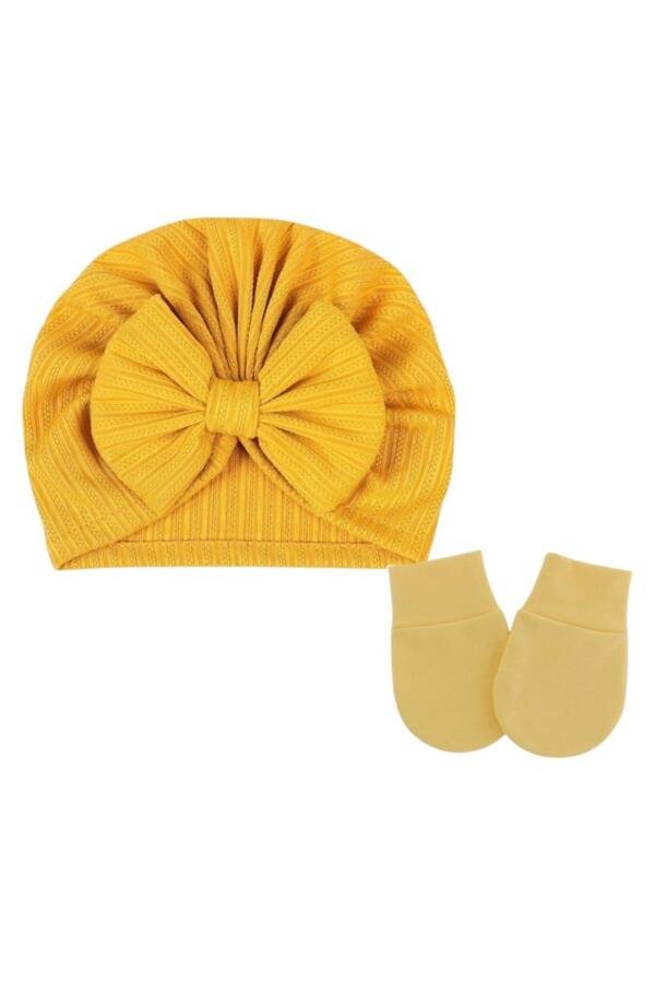 BabyBow Turban Hat and Mittens Yellow