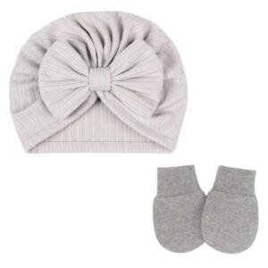 BabyBow Turban Hat and Mittens Gray