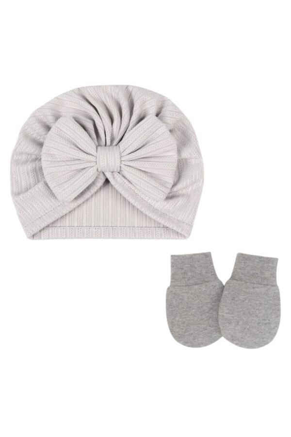 BabyBow Turban Hat and Mittens Gray