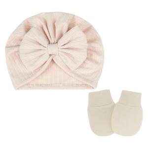 BabyBow Turban Hat and Mittens Cream