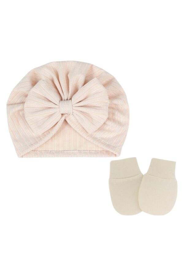 BabyBow Turban Hat and Mittens Cream