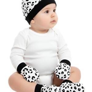 Cow Print Hat, Mittens & Booties Set