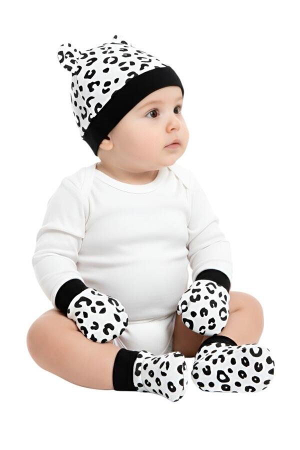 Cow Print Hat, Mittens & Booties Set