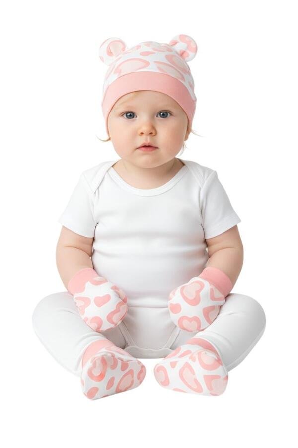 Pink Heart Hat, Mittens & Booties Set