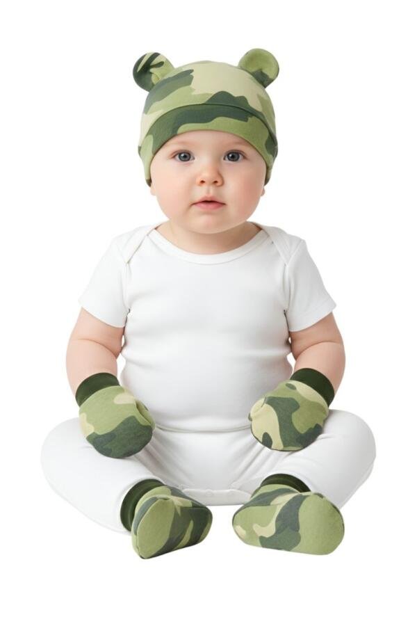 Green Camo Baby Hat, Mittens & Booties Set