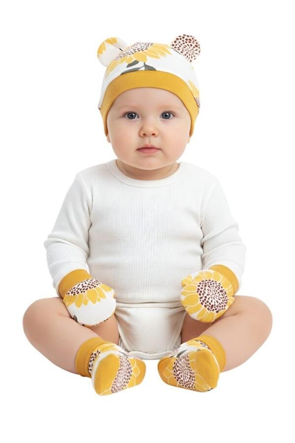 Sunflower Baby Hat, Mittens & Booties Set
