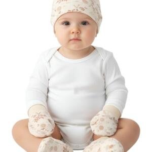 Beige Floral Baby Hat, Mittens & Booties Set