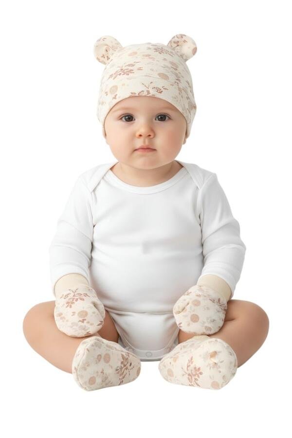 Beige Floral Baby Hat, Mittens & Booties Set