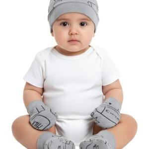 Gray Bear Ears Baby Hat, Mittens, and Booties Set