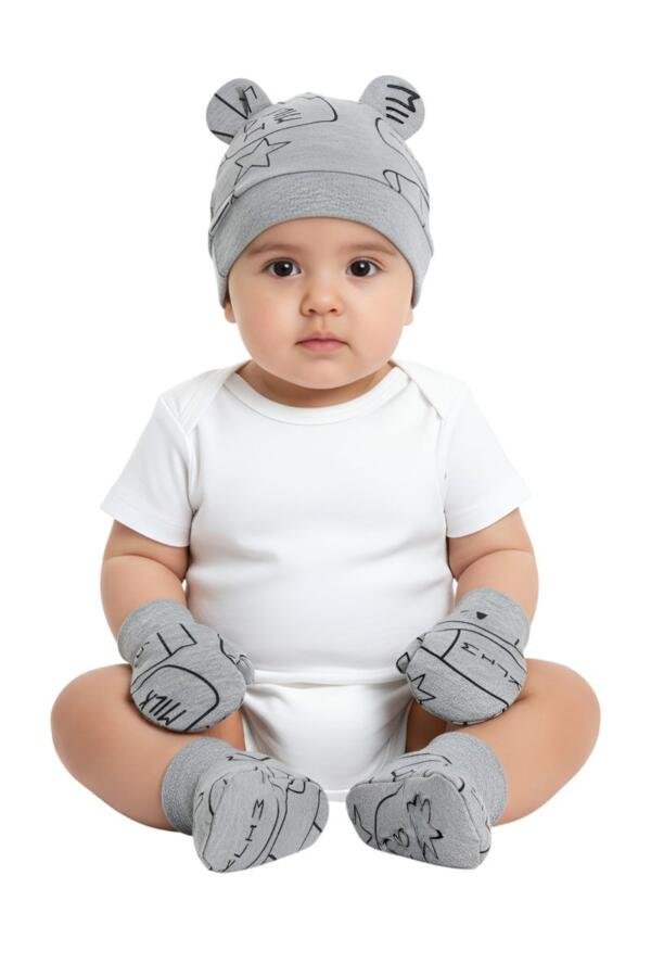Gray Bear Ears Baby Hat, Mittens, and Booties Set