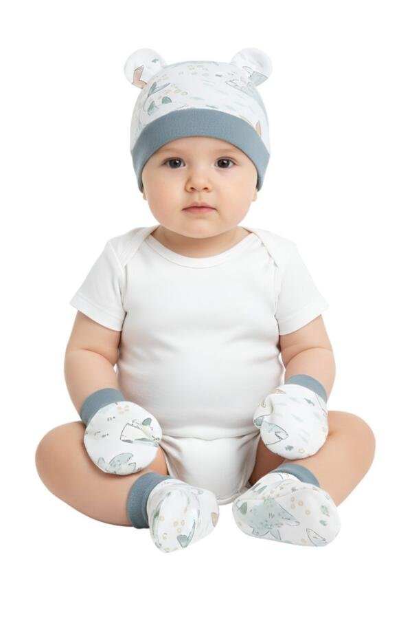 Whale Print Baby Hat, Mittens, and Booties Set Blue