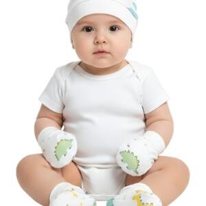 Dinosaur Baby Hat, Mittens, and Booties Set –White