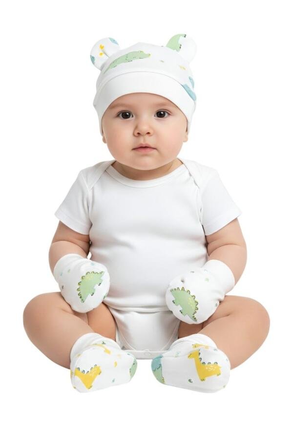 Dinosaur Baby Hat, Mittens, and Booties Set –White