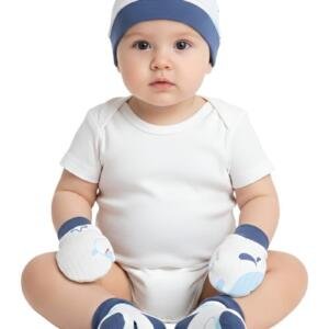 Stars and Whale Print Baby Hat, Mittens, and Booties Set