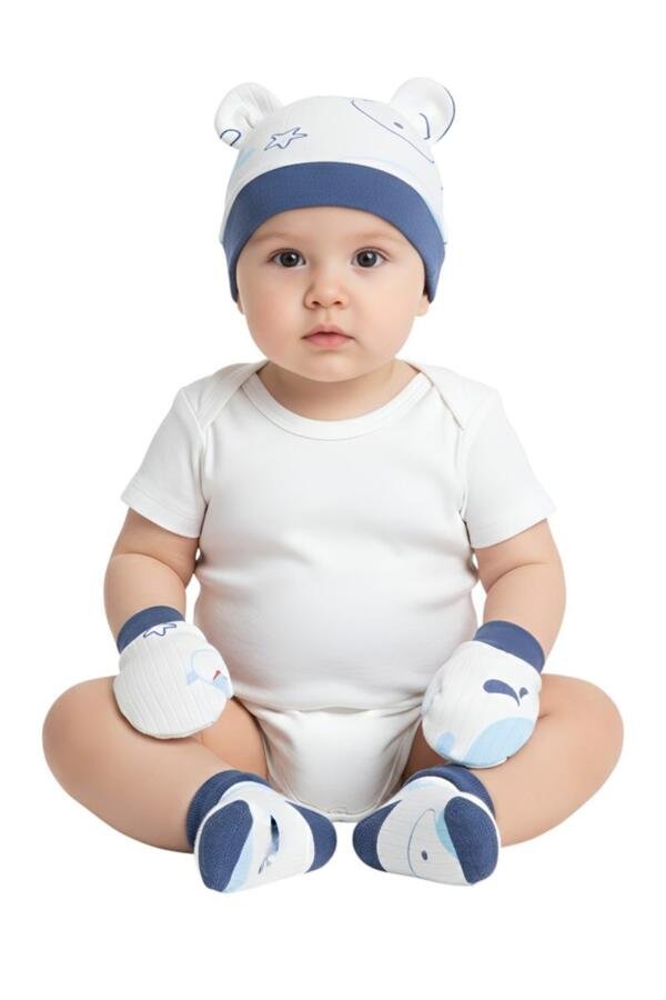 Stars and Whale Print Baby Hat, Mittens, and Booties Set