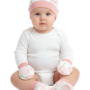 Peach Print Baby Hat, Mittens, and Booties Set