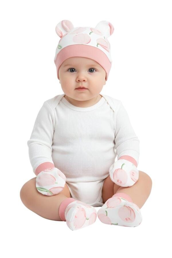 Peach Print Baby Hat, Mittens, and Booties Set