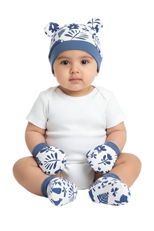 Flowers and Leaves Print Baby Hat, Mittens, and Booties Set