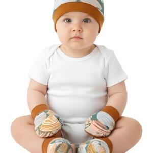 Shell Print Baby Hat, Mittens, and Booties Set