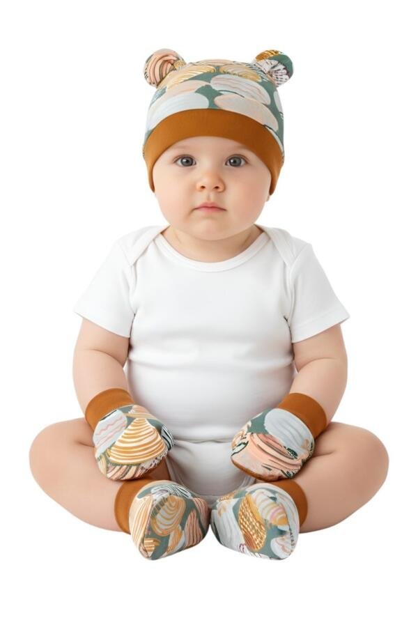 Shell Print Baby Hat, Mittens, and Booties Set