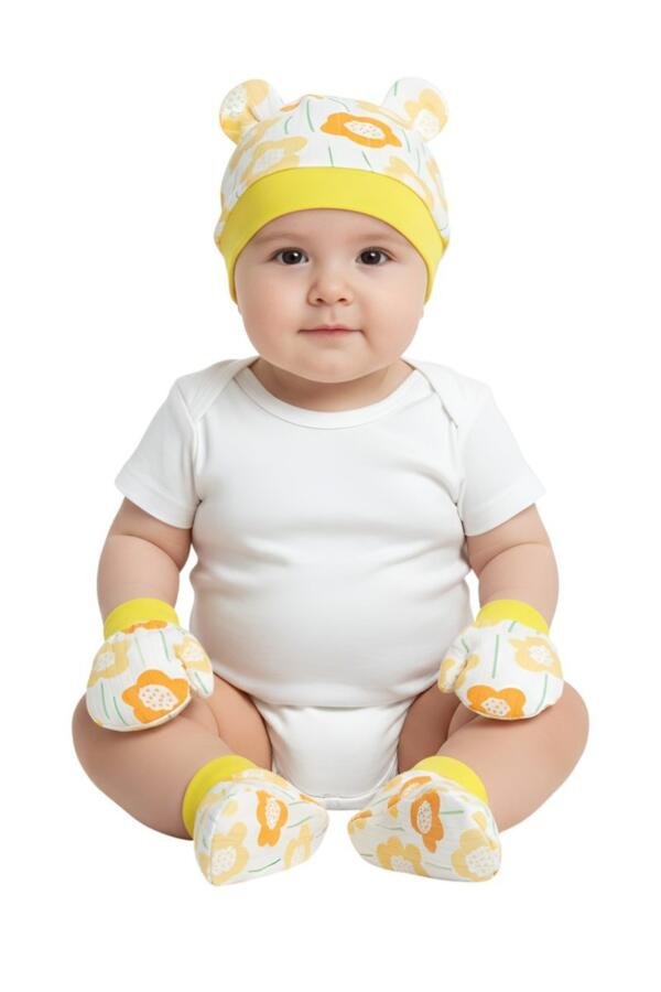 Flower Baby Hat, Mittens, and Booties Set
