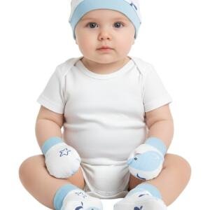 Whale Print Baby Hat, Mittens, and Booties Set Blue