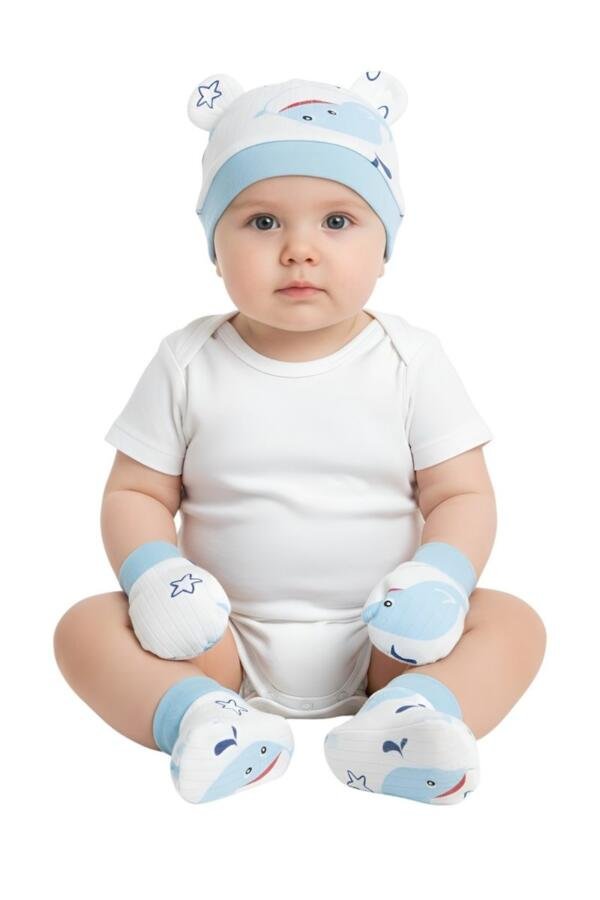 Whale Print Baby Hat, Mittens, and Booties Set Blue