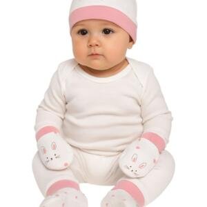 Rabbit Print Baby Hat, Mittens, and Booties Set