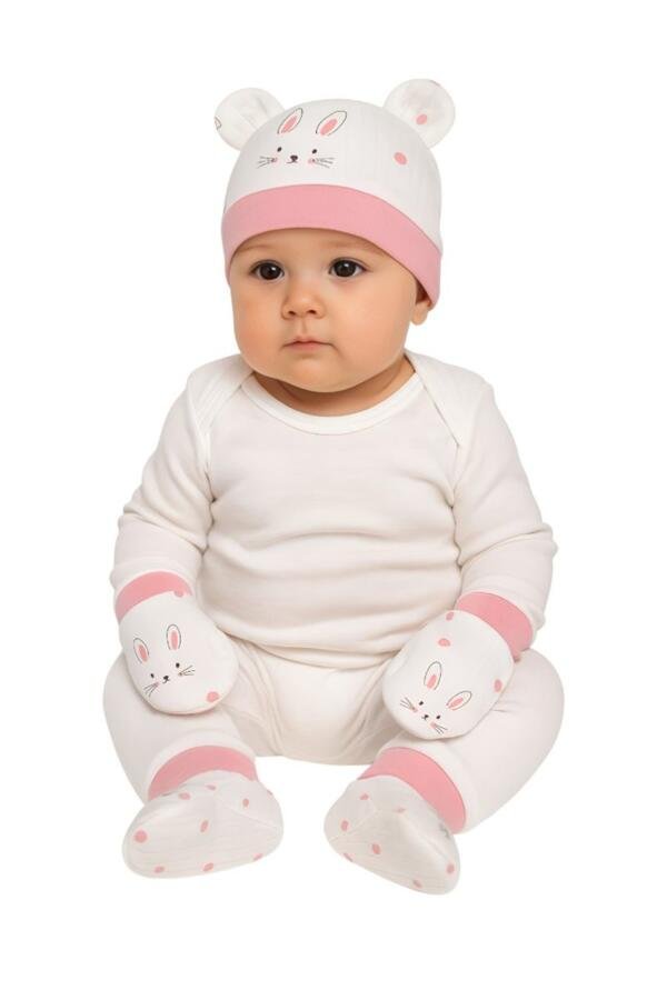 Rabbit Print Baby Hat, Mittens, and Booties Set