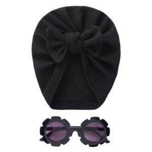 Baby Turban Hat & Flower Sunglasses Set Black