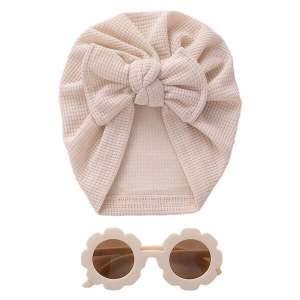 Baby Turban Hat & Flower Sunglasses Set Beige