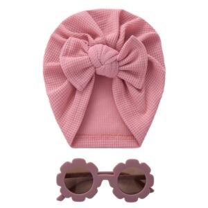 Baby Turban Hat & Flower Sunglasses Set Pink Dark
