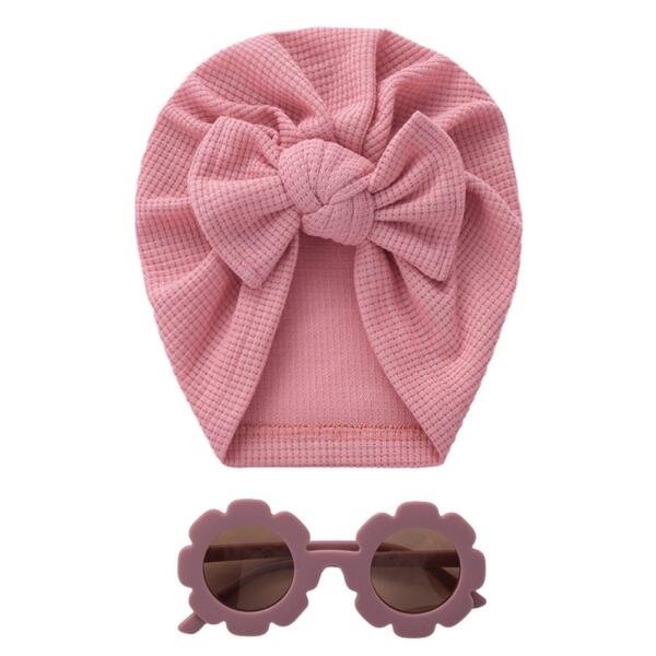 Baby Turban Hat & Flower Sunglasses Set Pink Dark