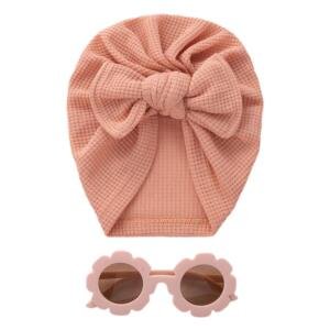 Baby Turban Hat & Flower Sunglasses Set Dark Peach