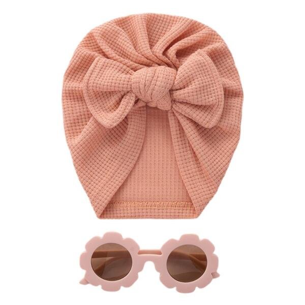 Baby Turban Hat & Flower Sunglasses Set Dark Peach