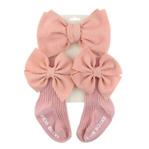 Triple Bow Charm Baby Headband & Socks Set Pink