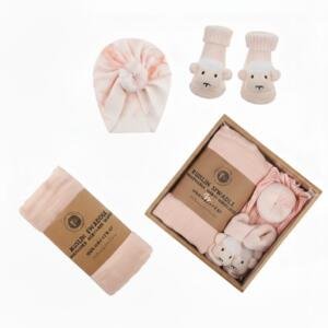 3-Piece Muslin Swaddle and Turban Hat Set Pink