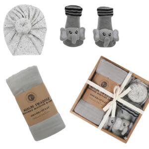3-Piece Muslin Swaddle and Turban Hat Set Grey