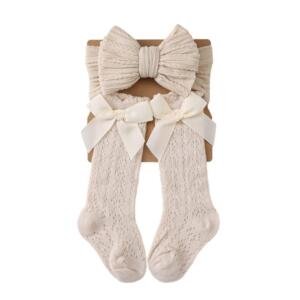 Cozy Cable-Knit Bow Headband & Knee-High Sock Set Beige