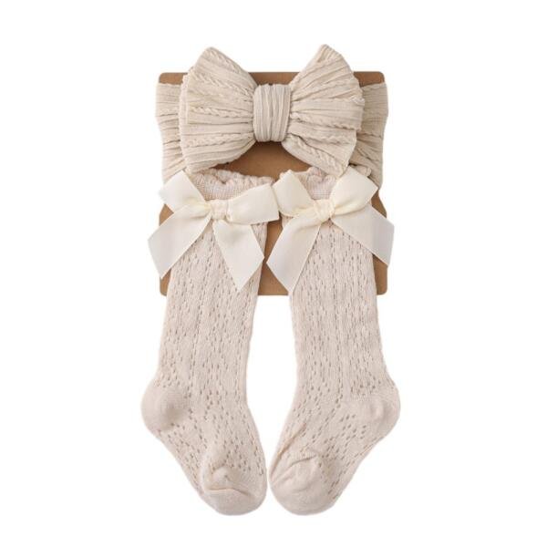Cozy Cable-Knit Bow Headband & Knee-High Sock Set Beige