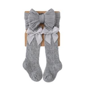 Cozy Cable-Knit Bow Headband & Knee-High Sock Set Grey